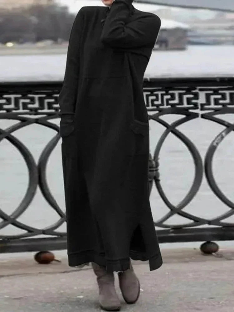 Dam maxiklänning framsida, mjukt tyg, lång ärm; elegant stil, komfort och sofistikerad look, perfekt för alla tillfällen.