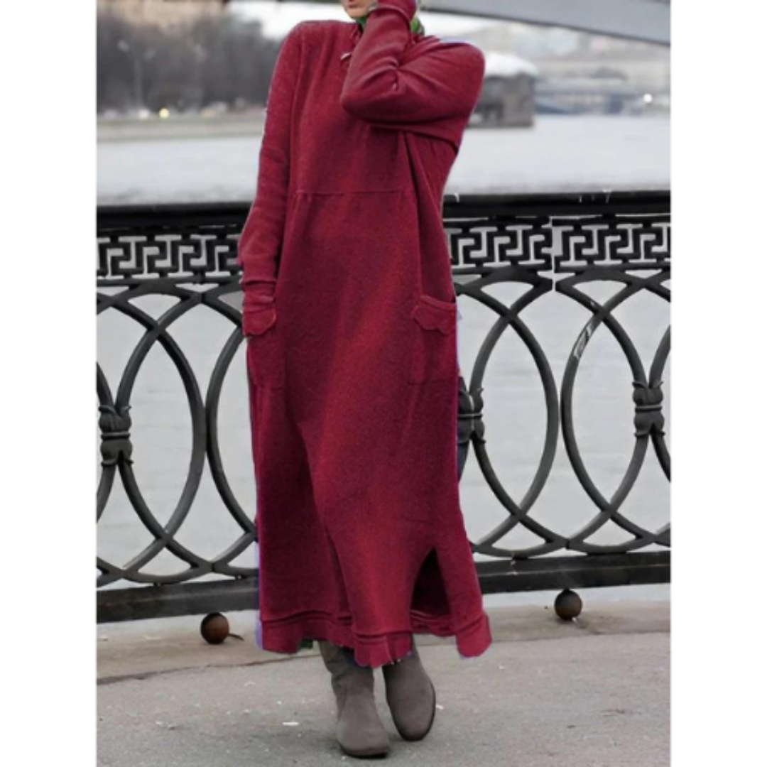 Dam maxiklänning framsida, mjukt tyg, lång ärm; elegant stil, komfort och sofistikerad look, perfekt för alla tillfällen.