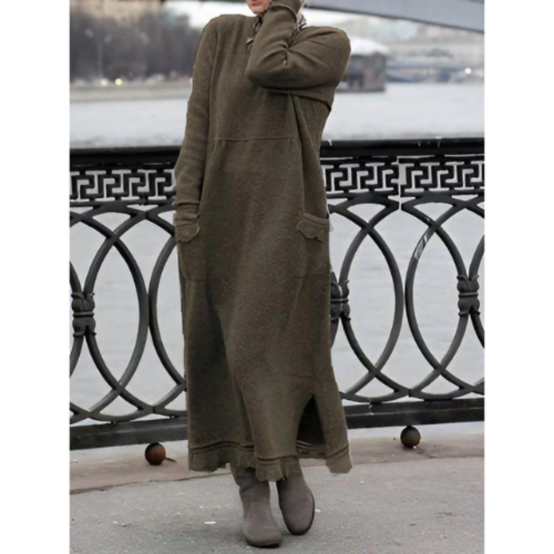 Dam maxiklänning framsida, mjukt tyg, lång ärm; elegant stil, komfort och sofistikerad look, perfekt för alla tillfällen.