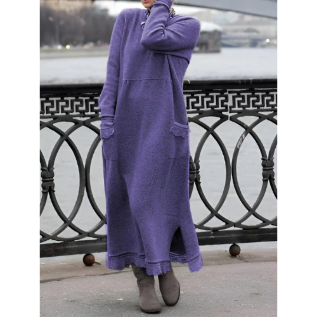 Dam maxiklänning framsida, mjukt tyg, lång ärm; elegant stil, komfort och sofistikerad look, perfekt för alla tillfällen.
