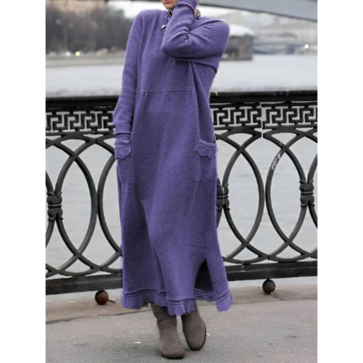 Dam maxiklänning framsida, mjukt tyg, lång ärm; elegant stil, komfort och sofistikerad look, perfekt för alla tillfällen.