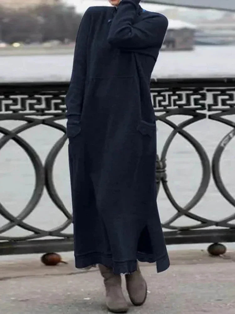 Dam maxiklänning framsida, mjukt tyg, lång ärm; elegant stil, komfort och sofistikerad look, perfekt för alla tillfällen.