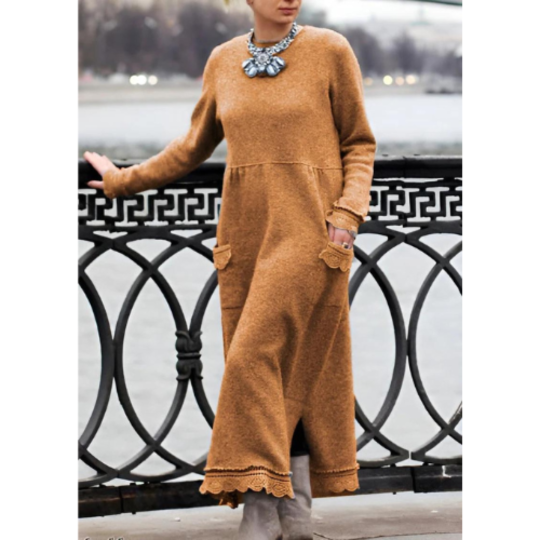 Dam maxiklänning framsida, mjukt tyg, lång ärm; elegant stil, komfort och sofistikerad look, perfekt för alla tillfällen.