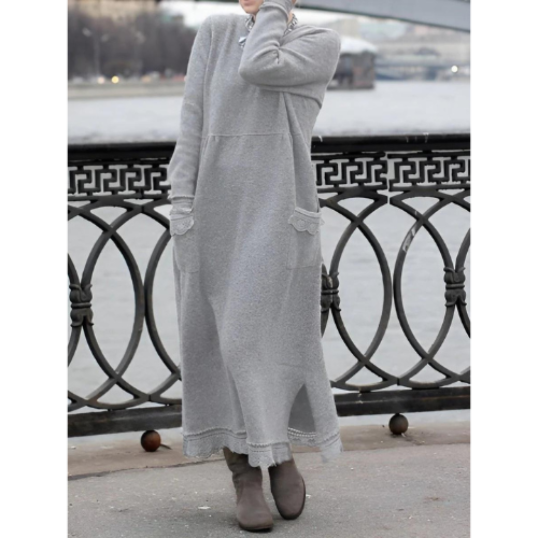Dam maxiklänning framsida, mjukt tyg, lång ärm; elegant stil, komfort och sofistikerad look, perfekt för alla tillfällen.