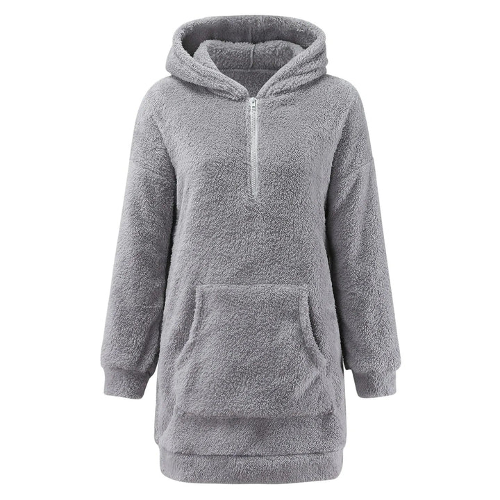 "Dam mjuk hoodie i polyester, avslappnad passform, grå färg, framtill; perfekt för avslappning och kyliga dagar."