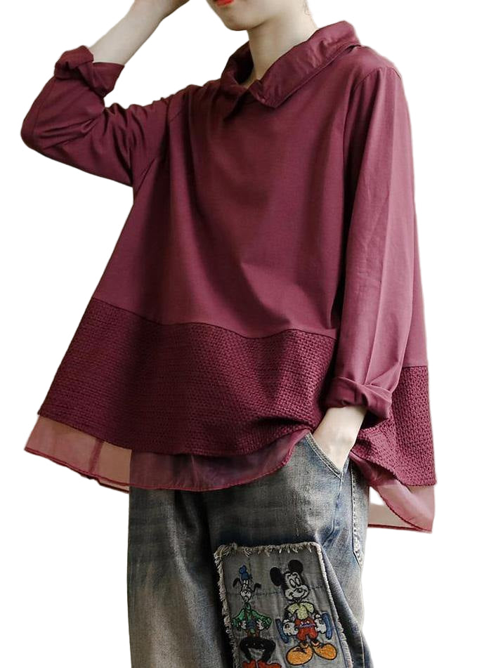Dam patchwork baggy skjorta med klubbad krage, unik mönster och rymlig design för avslappnad stil och komfort.