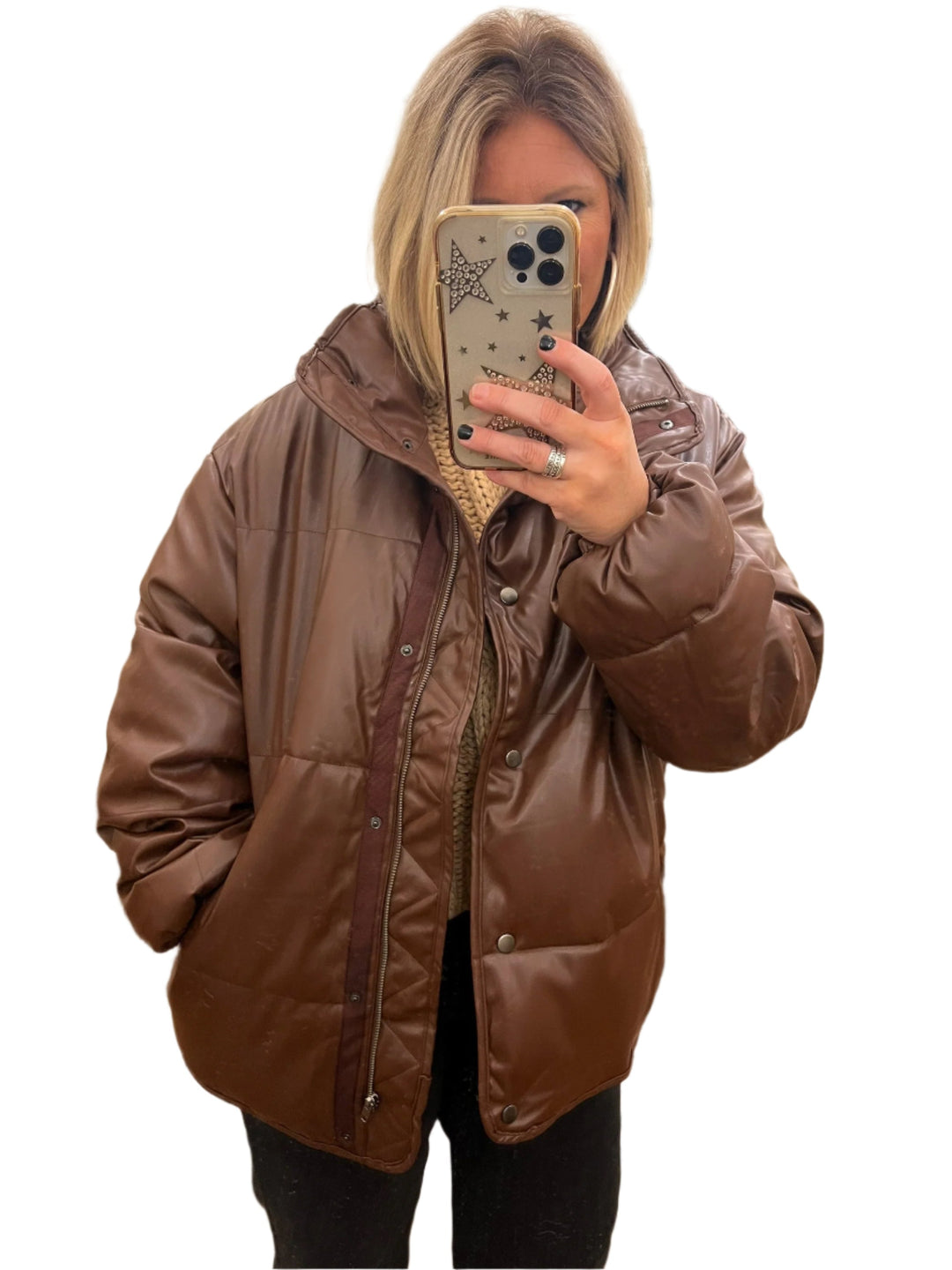 "Dam pufferjacka brun läderlook framsida, varm vinterjacka med fyllig design och mjukt PU-läder, stilren och modern"
