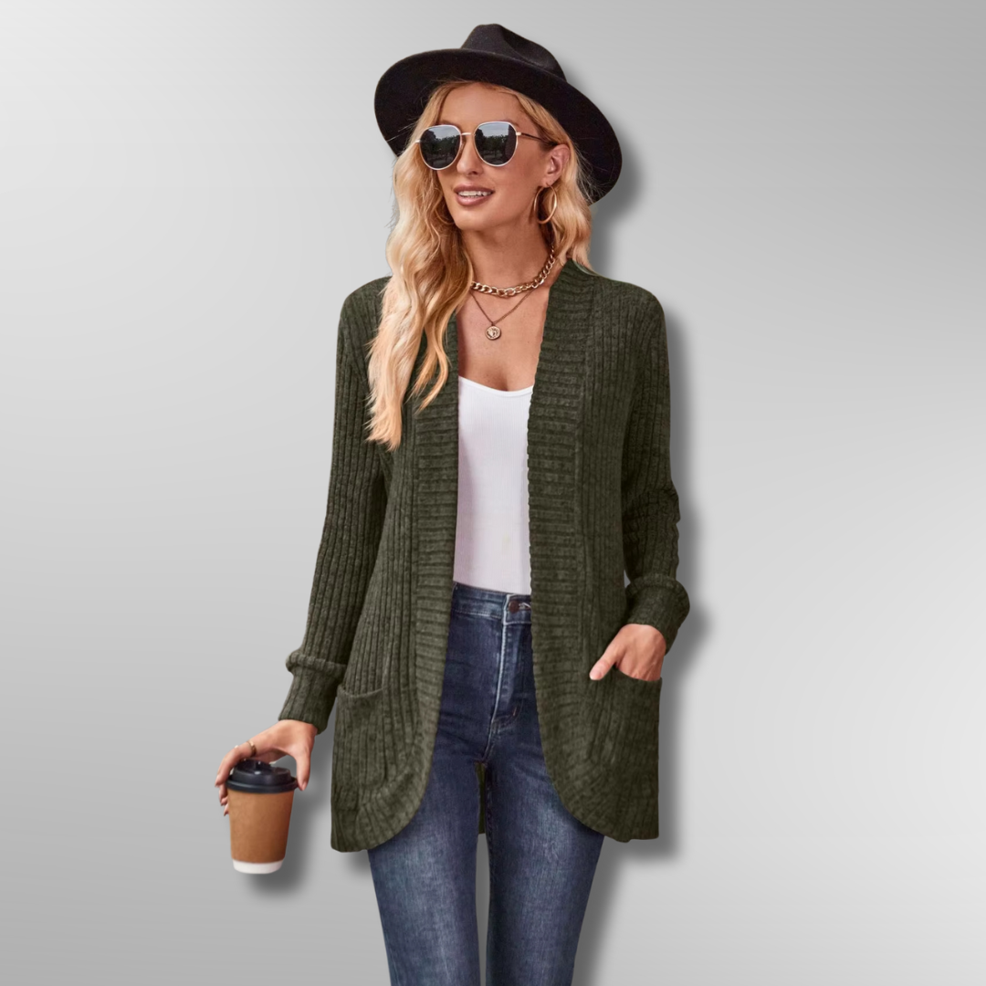 "Dam ribbad cardigan i mjuk polyester-akryl, elegant design med framfickor, perfekt för alla tillfällen."
