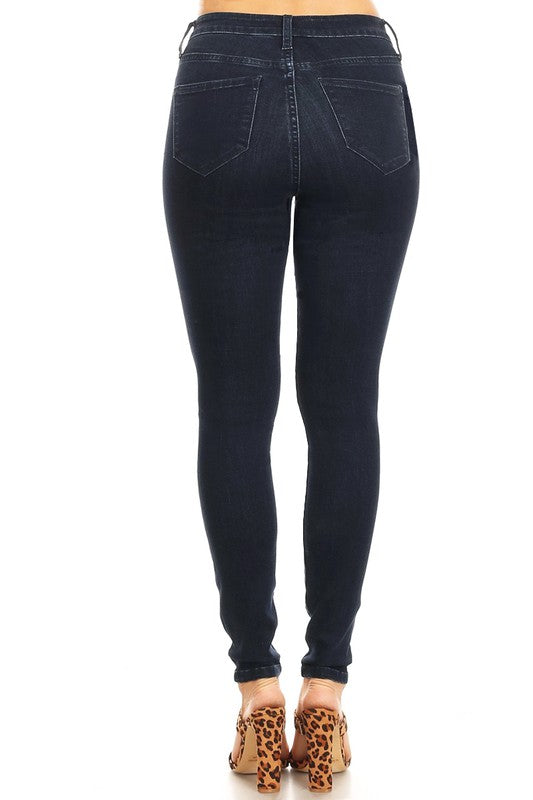 "Dam skinny jeans hög midja i indigo, formande passform, mörk denim med stretch och stilfulla sömmar för kvinnor."