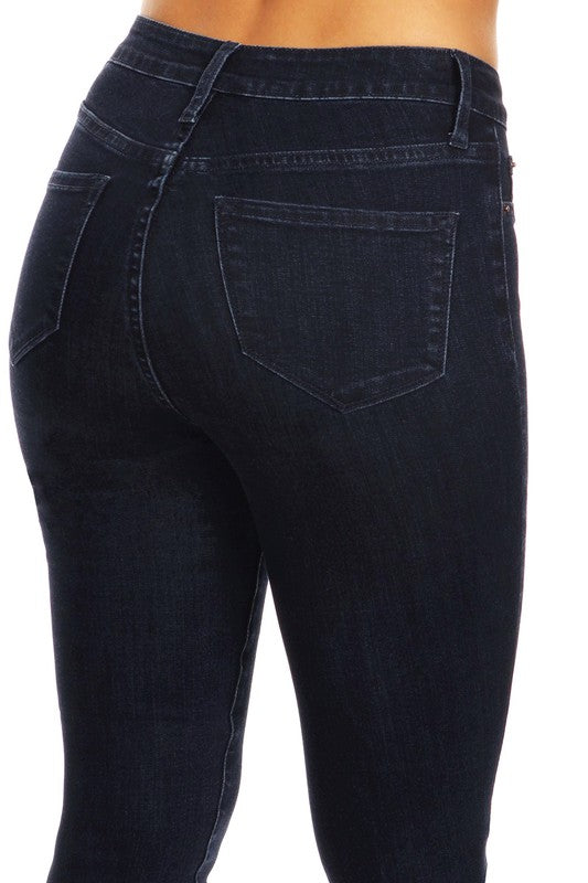 "Dam skinny jeans hög midja i indigo, formande passform, mörk denim med stretch och stilfulla sömmar för kvinnor."