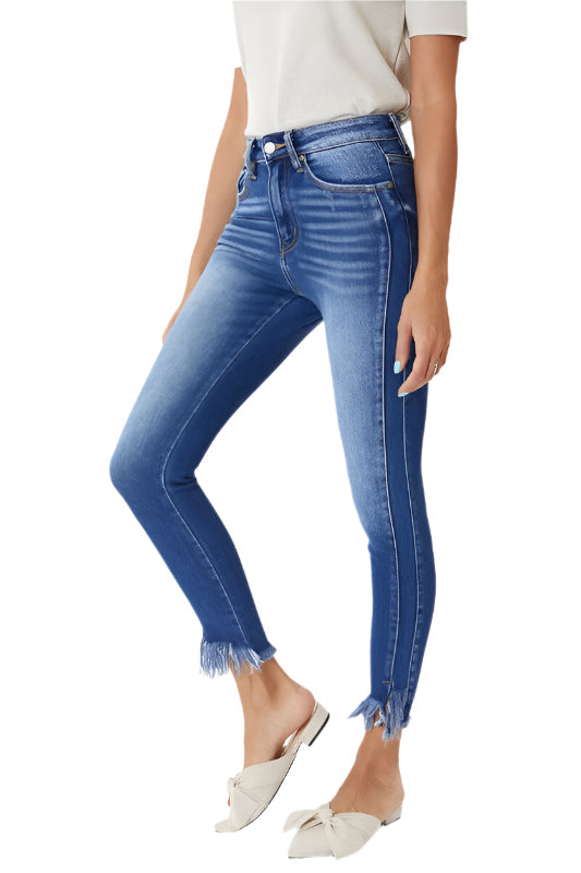"Dam skinny jeans hög midja med detaljerad söm, blå färg, elegant och formsmickrande design, perfekt för alla tillfällen."