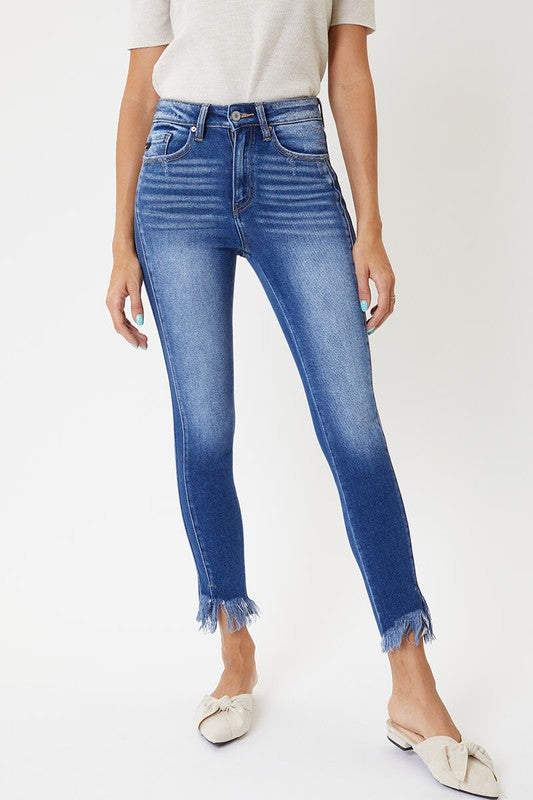 "Dam skinny jeans hög midja med detaljerad söm, blå färg, elegant och formsmickrande design, perfekt för alla tillfällen."