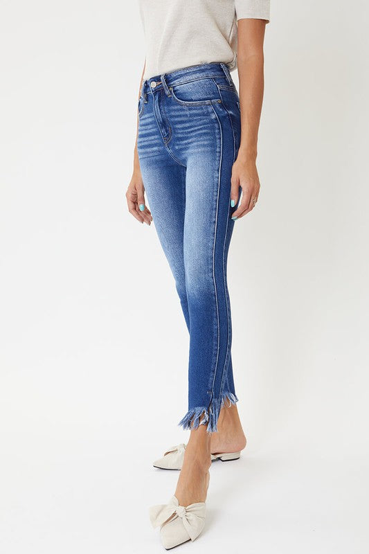 "Dam skinny jeans hög midja med detaljerad söm, blå färg, elegant och formsmickrande design, perfekt för alla tillfällen."