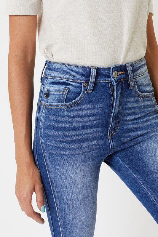 "Dam skinny jeans hög midja med detaljerad söm, blå färg, elegant och formsmickrande design, perfekt för alla tillfällen."