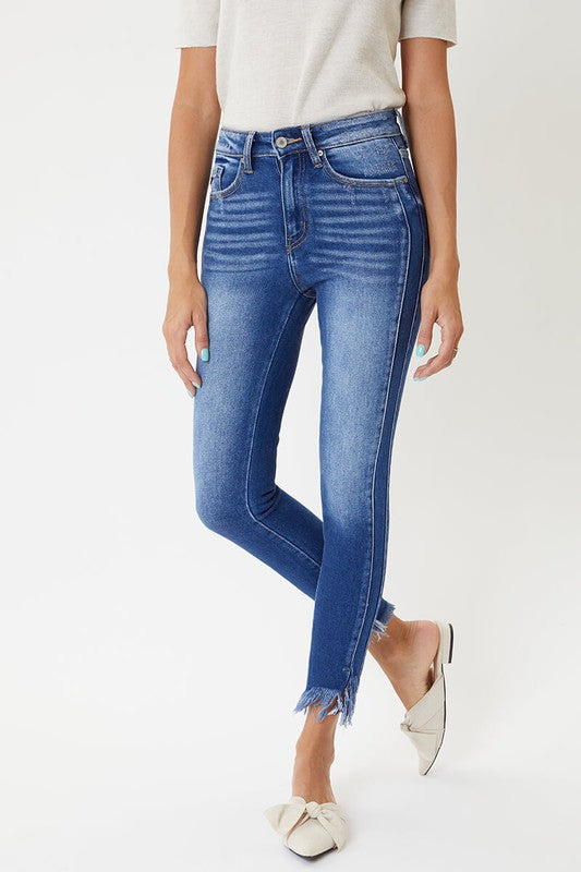 "Dam skinny jeans hög midja med detaljerad söm, blå färg, elegant och formsmickrande design, perfekt för alla tillfällen."