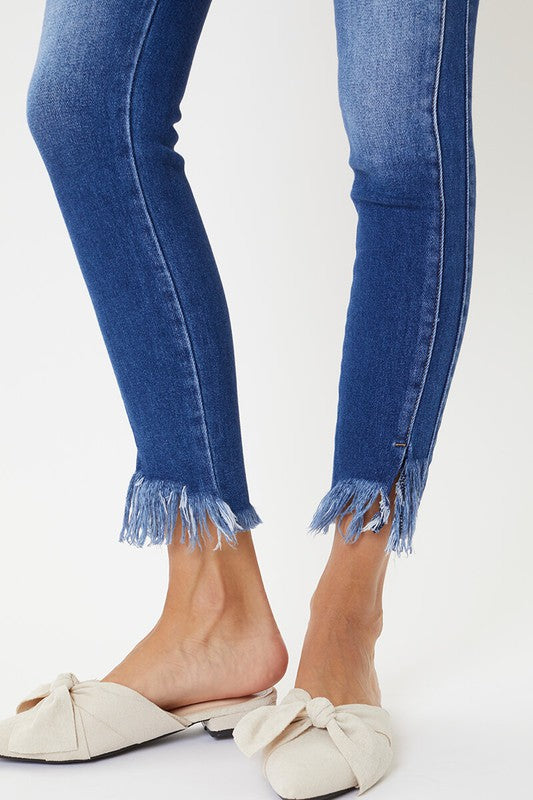 "Dam skinny jeans hög midja med detaljerad söm, blå färg, elegant och formsmickrande design, perfekt för alla tillfällen."