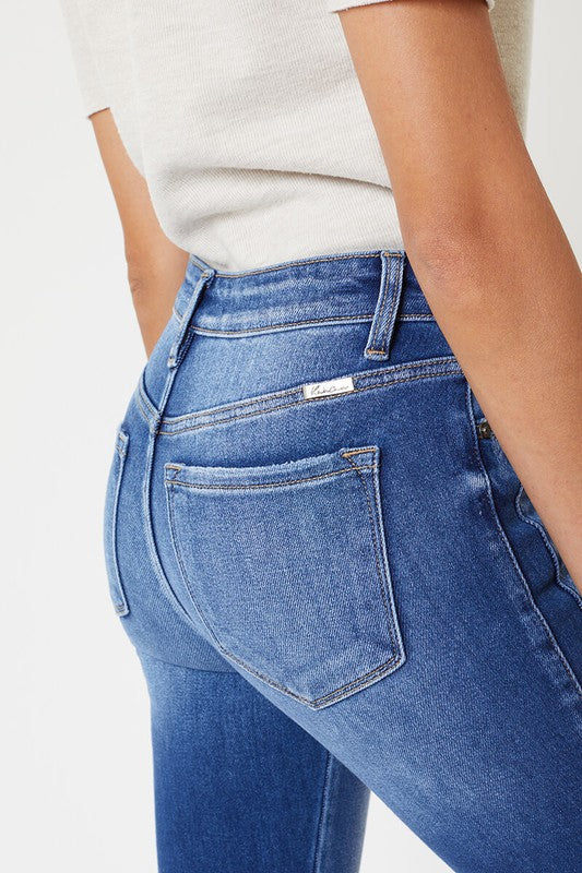 "Dam skinny jeans hög midja med detaljerad söm, blå färg, elegant och formsmickrande design, perfekt för alla tillfällen."