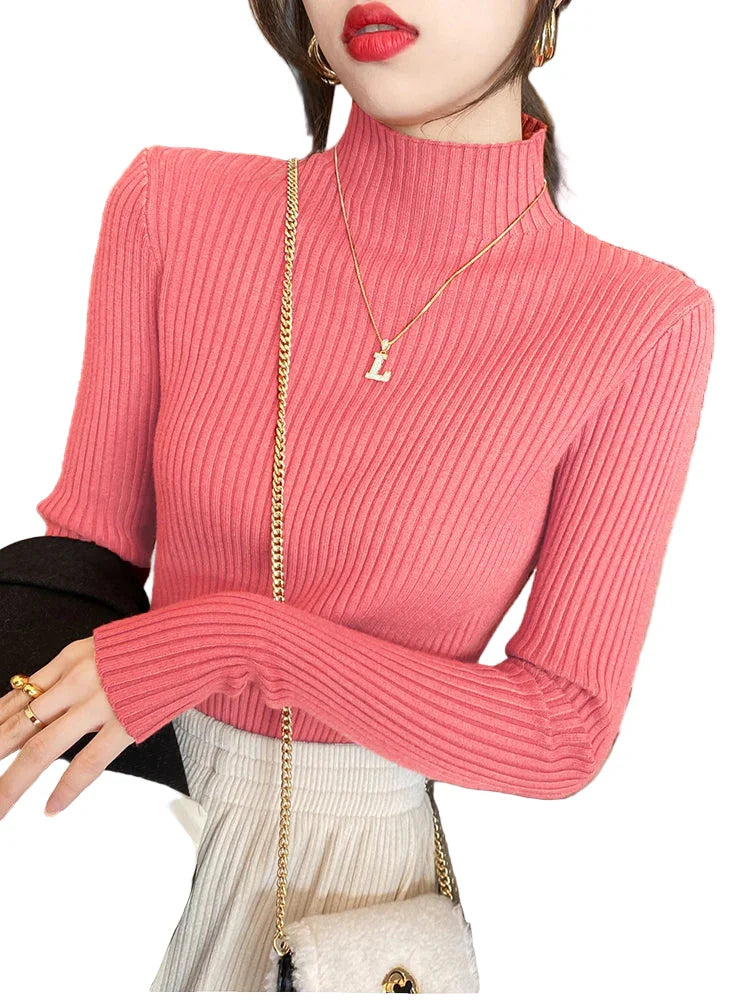 Dam stickad turtleneck tröja; elegant långärmad design, mjuk och värmande i flera stilfulla färger för komfort och stil.