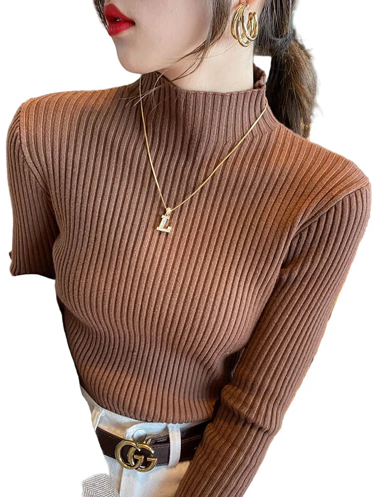 Dam stickad turtleneck tröja; elegant långärmad design, mjuk och värmande i flera stilfulla färger för komfort och stil.