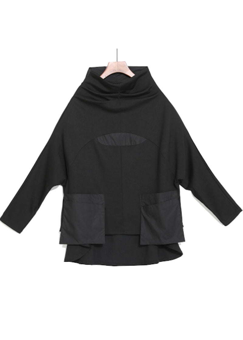 "Dam turtleneck tröja med patchwork, fickor och hög krage, avslappnad passform, perfekt för svala höstdagar"