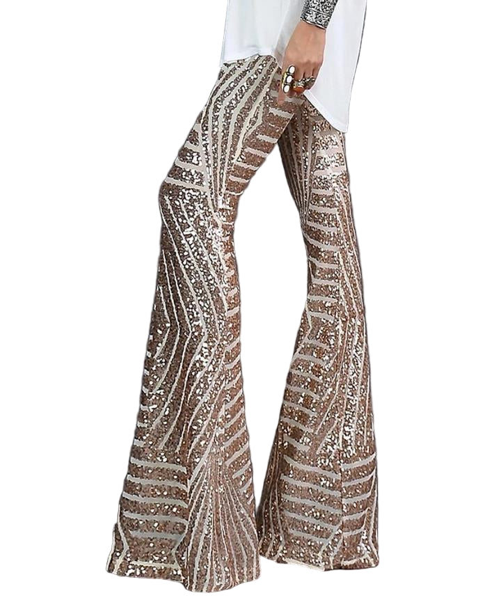 "Dam utställda kostymbyxor med glittrande mönster, medelhög midja, elegant och festlig look."