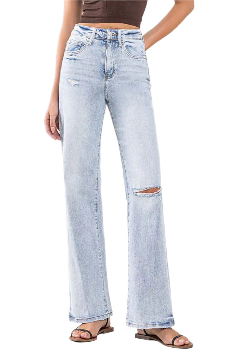 "Dam vintage flared jeans i ljus denim, superhög midja, retrostil med flare-ben som ger en smickrande silhuett."