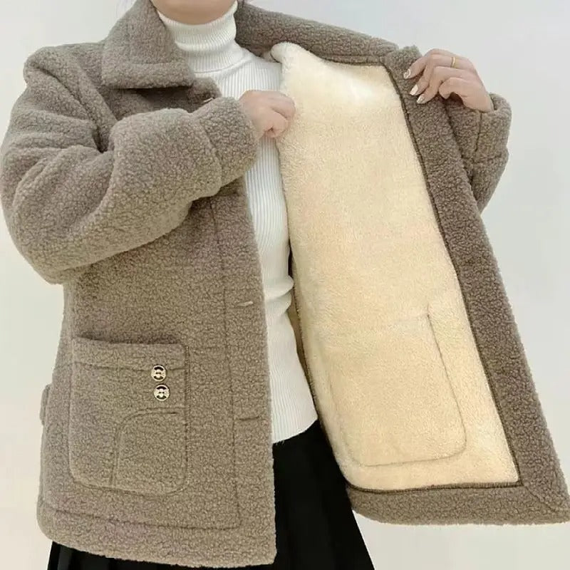 "Dam vinterjacka i tjock fleece, lammfodrad, figursydd design, djupa fickor, elegant färg, idealisk för kalla dagar."