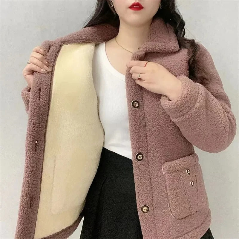 "Dam vinterjacka i tjock fleece, lammfodrad, figursydd design, djupa fickor, elegant färg, idealisk för kalla dagar."