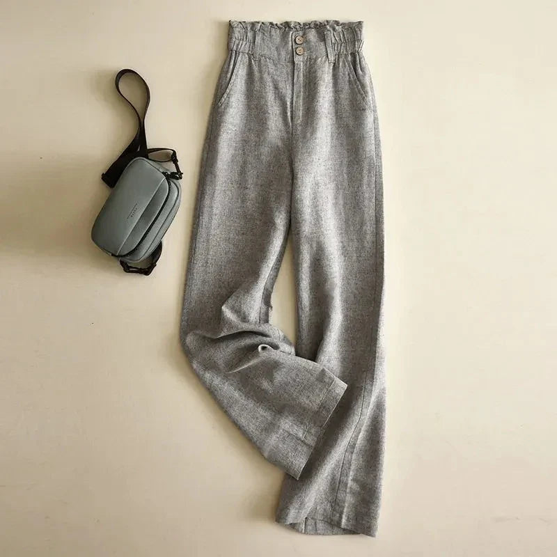 "Dambyxor hög midja elastisk, beige och grå, vida ben, mjukt material, stilfull och bekväm design för kvinnor."