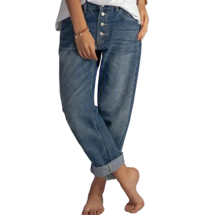 "Dambyxor hög midja lös passform i denim, tåligt tyg, smickrande siluett, optimal rörelsefrihet, avslappnad stil."