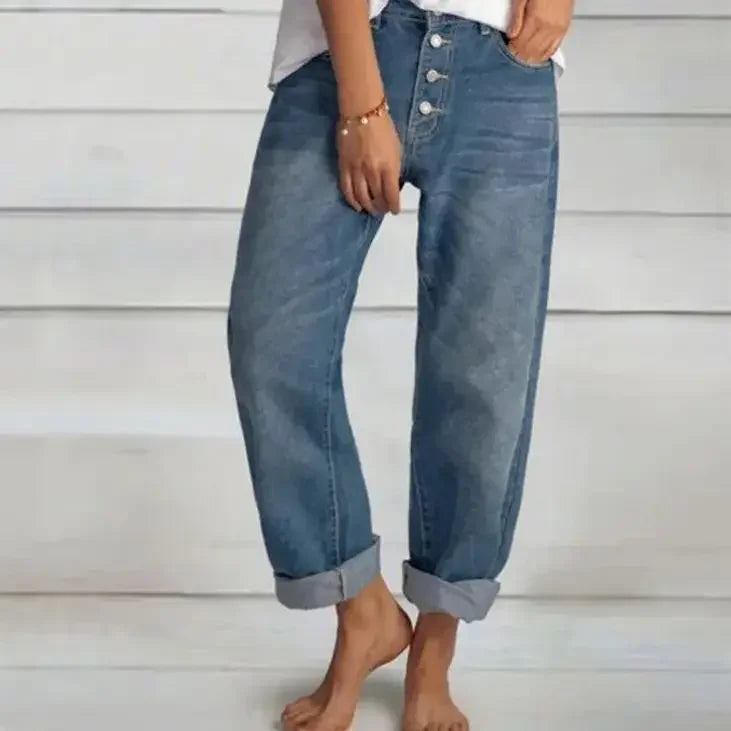 "Dambyxor hög midja lös passform i denim, tåligt tyg, smickrande siluett, optimal rörelsefrihet, avslappnad stil."