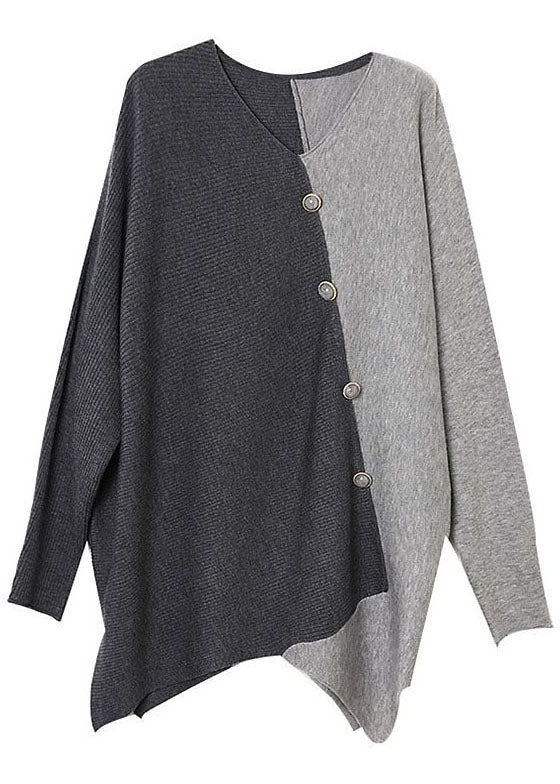"Damer grå asymmetrisk patchwork stickad skjorta med unik design och mjukt material, idealisk för vinterns kyla."