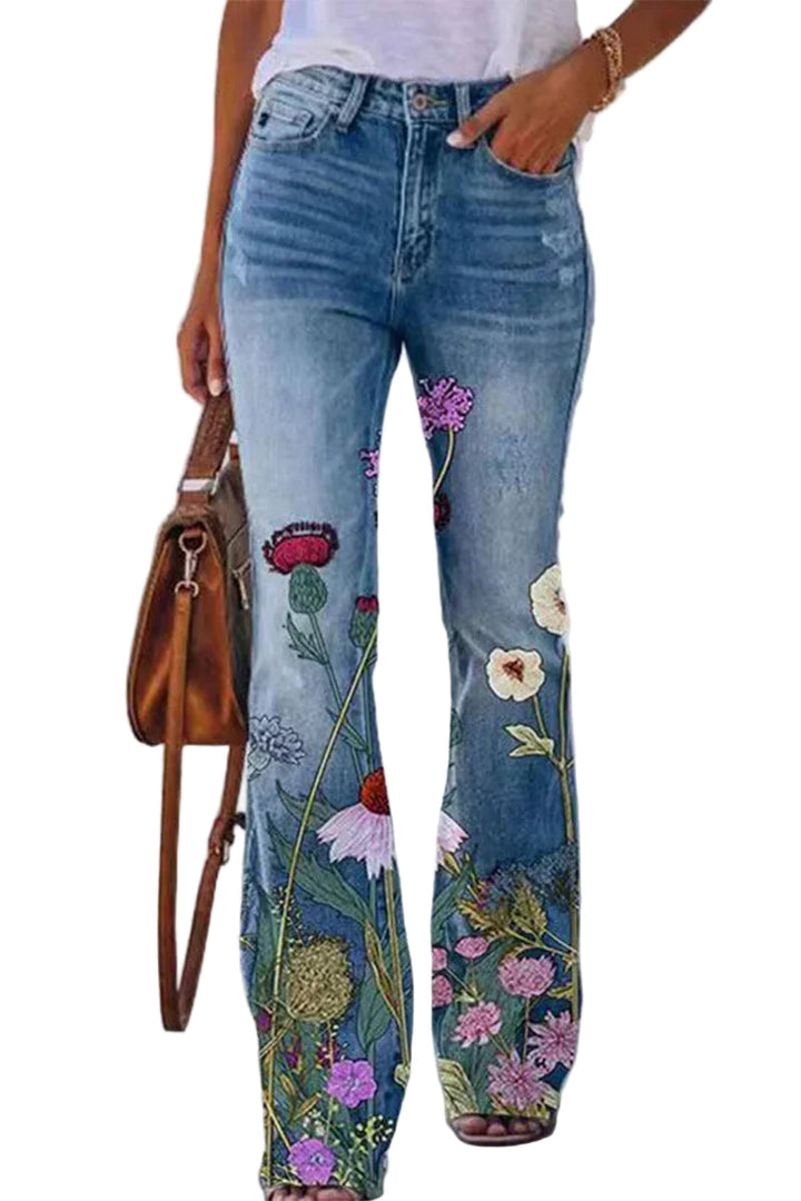 "Damer jeans med blommig fickdetalj, stretchig denimlook för stil och komfort."