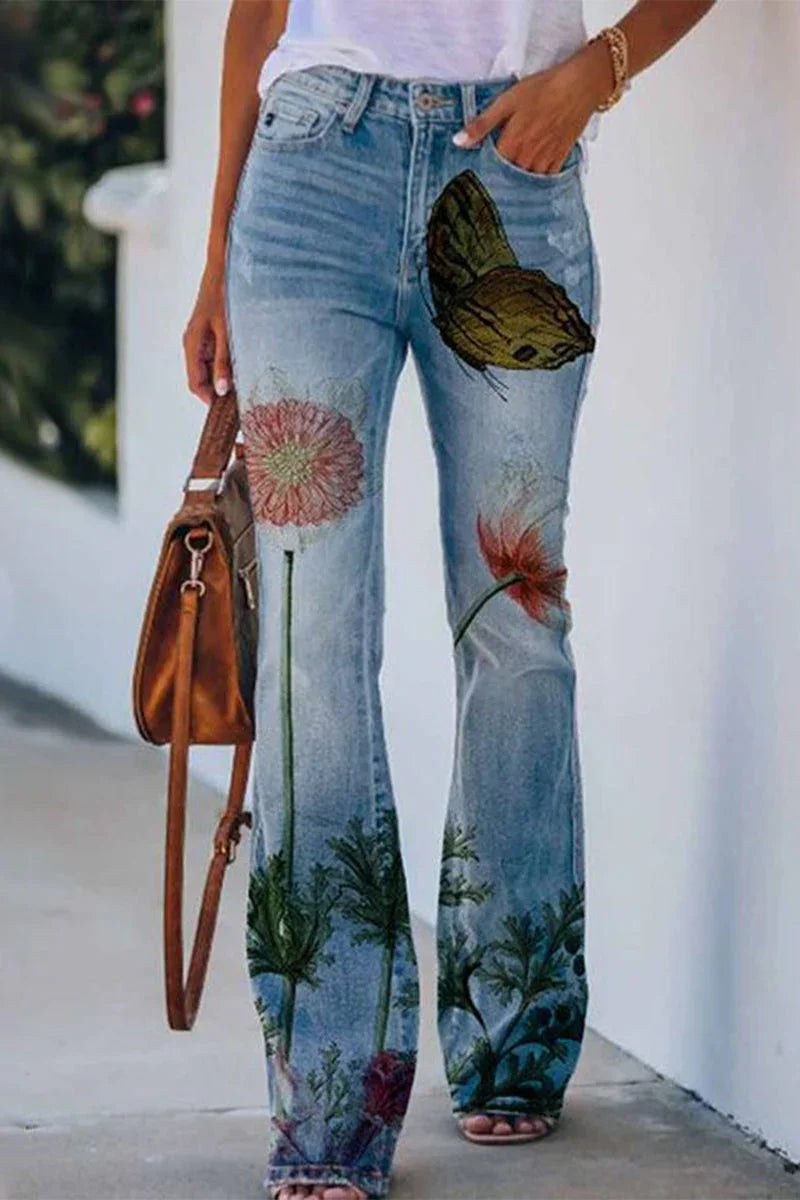 "Damer jeans med blommig fickdetalj, stretchig denimlook för stil och komfort."