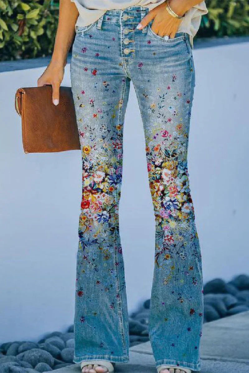 "Damer jeans med blommig fickdetalj, stretchig denimlook för stil och komfort."