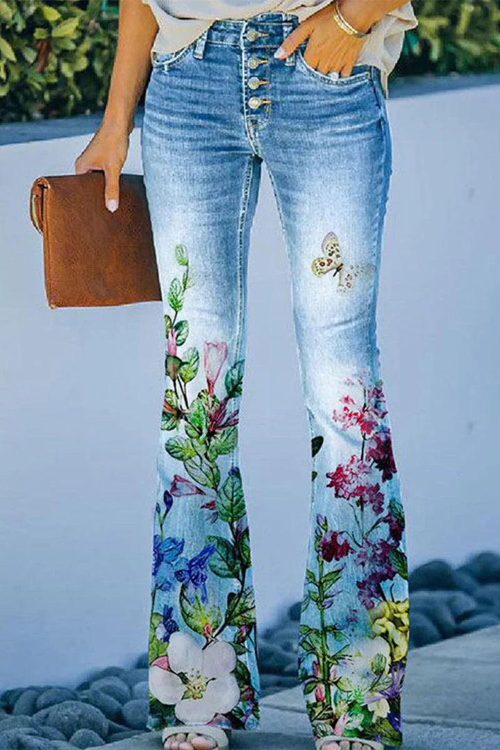 "Damer jeans med blommig fickdetalj, stretchig denimlook för stil och komfort."