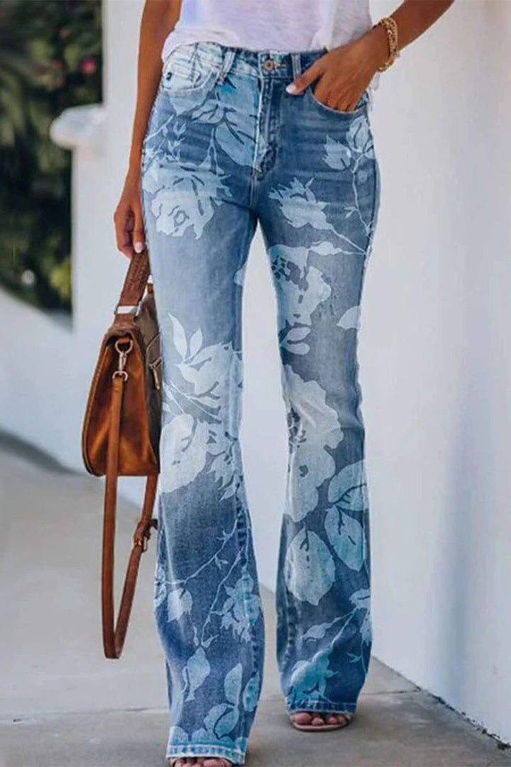 "Damer jeans med blommig fickdetalj, stretchig denimlook för stil och komfort."