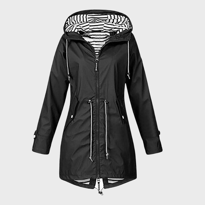 "Damer lång vattentät regnjacka, justerbar huva, elegant design, trendig och funktionell, flera färgalternativ."