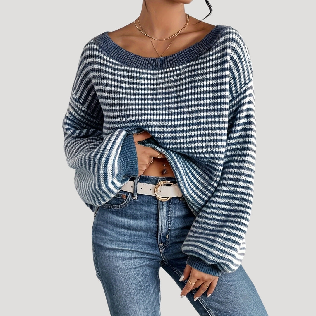 "Damer randig oversized tröja med avskuren axelkrage, modern design, löst passform, perfekt med jeans eller leggings."