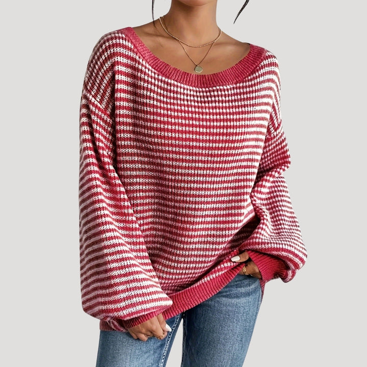 "Damer randig oversized tröja med avskuren axelkrage, modern design, löst passform, perfekt med jeans eller leggings."