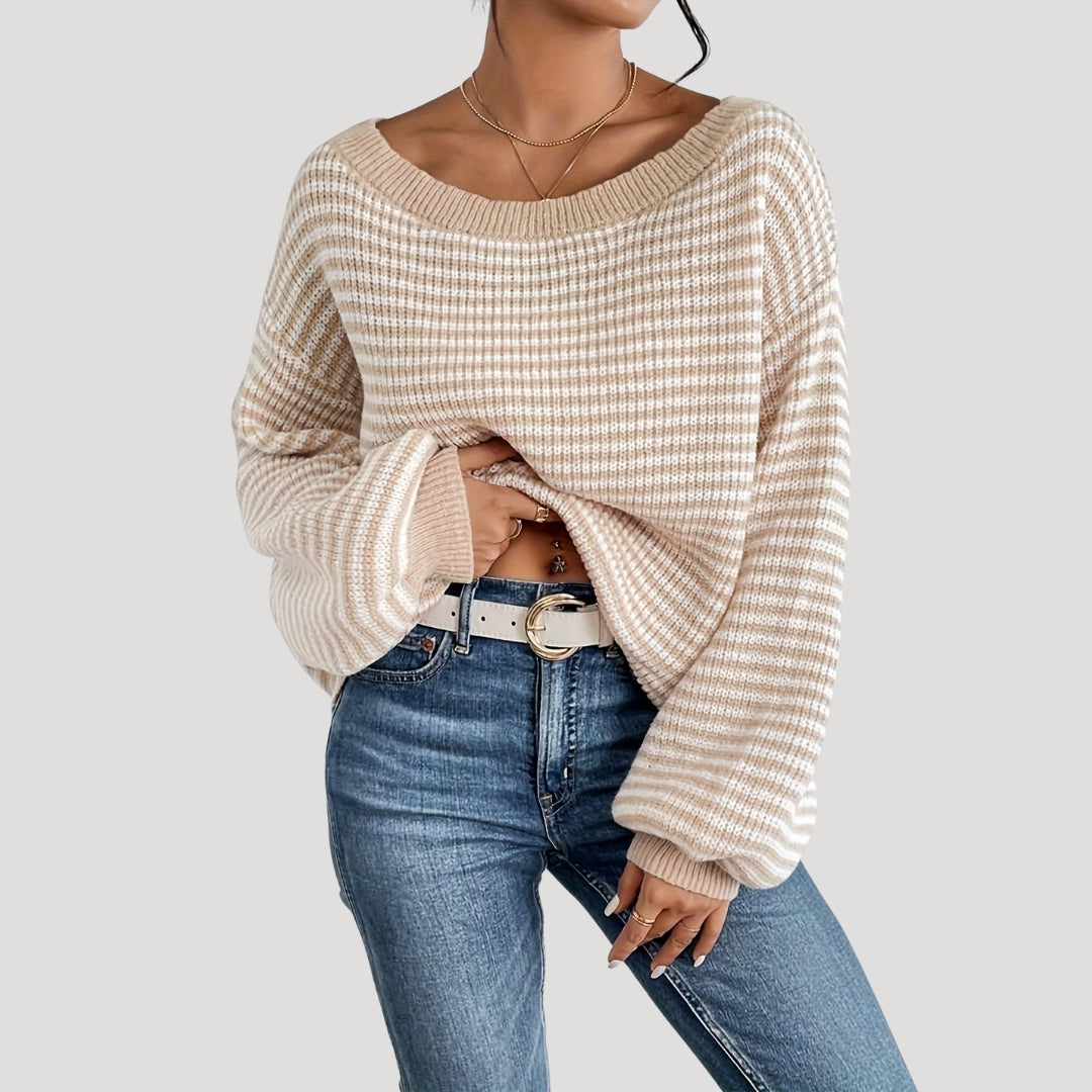 "Damer randig oversized tröja med avskuren axelkrage, modern design, löst passform, perfekt med jeans eller leggings."
