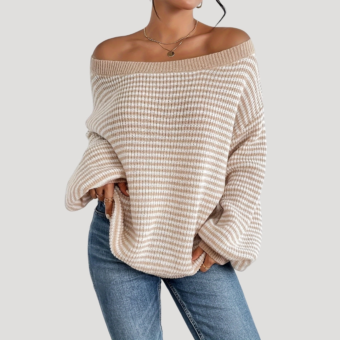 "Damer randig oversized tröja med avskuren axelkrage, modern design, löst passform, perfekt med jeans eller leggings."