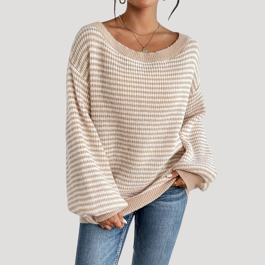 "Damer randig oversized tröja med avskuren axelkrage, modern design, löst passform, perfekt med jeans eller leggings."