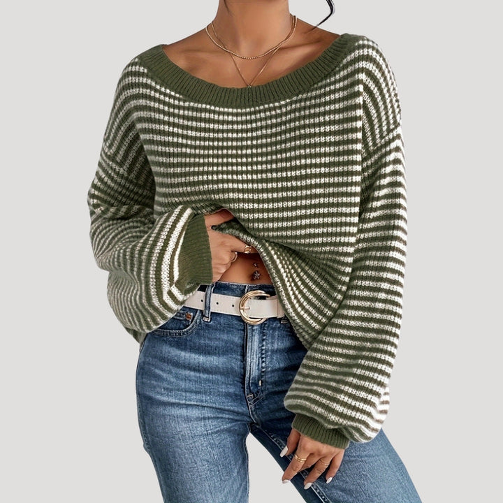 "Damer randig oversized tröja med avskuren axelkrage, modern design, löst passform, perfekt med jeans eller leggings."