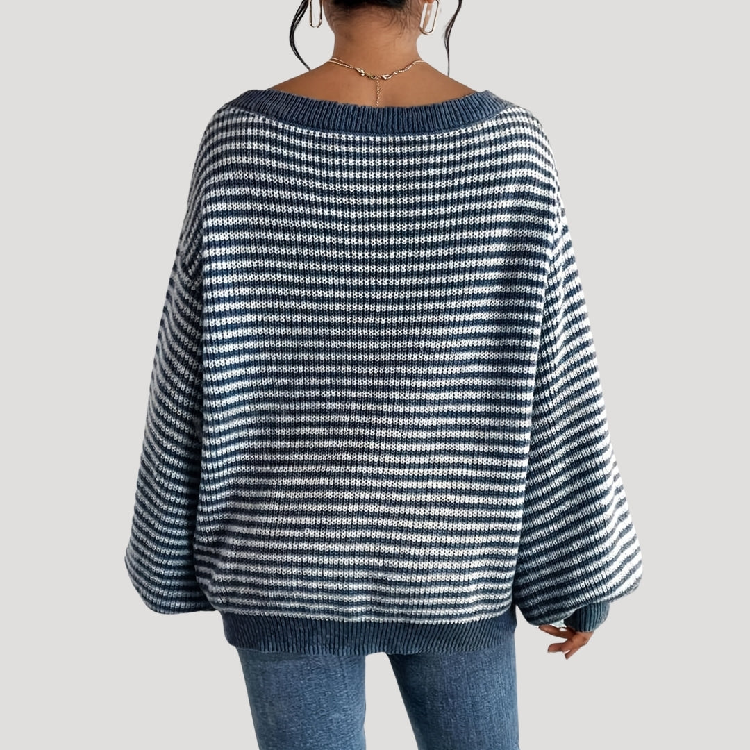 "Damer randig oversized tröja med avskuren axelkrage, modern design, löst passform, perfekt med jeans eller leggings."