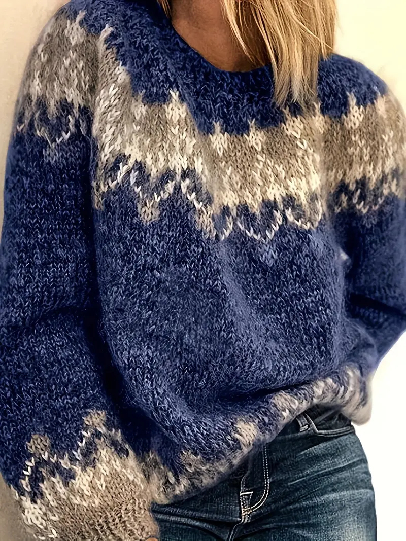 "Damer stickad pullover i mohair med snyggt jacquardmönster, avslappnad passform, perfekt för kallt väder."