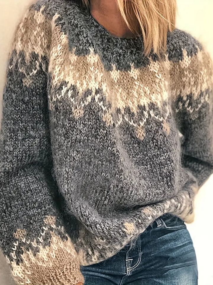 "Damer stickad pullover i mohair med snyggt jacquardmönster, avslappnad passform, perfekt för kallt väder."