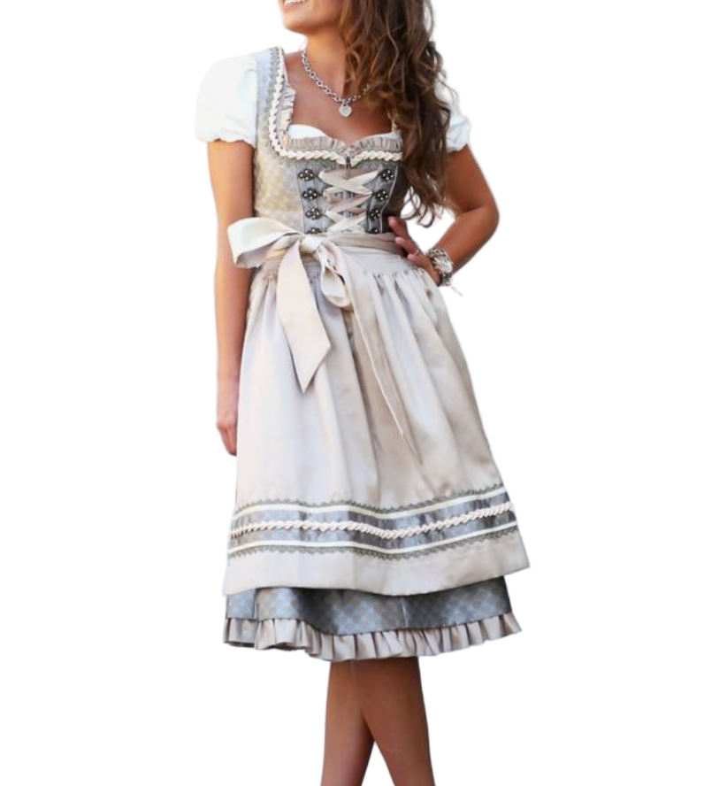 "Damernas Trachten Set med klänning, schürze och blus, traditionell design, främre vy i festlig, elegant stil."