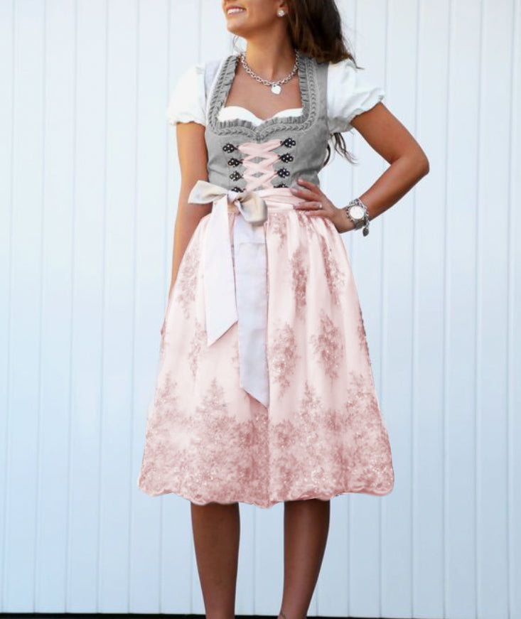 "Damernas Trachten Set med klänning, schürze och blus, traditionell design, främre vy i festlig, elegant stil."