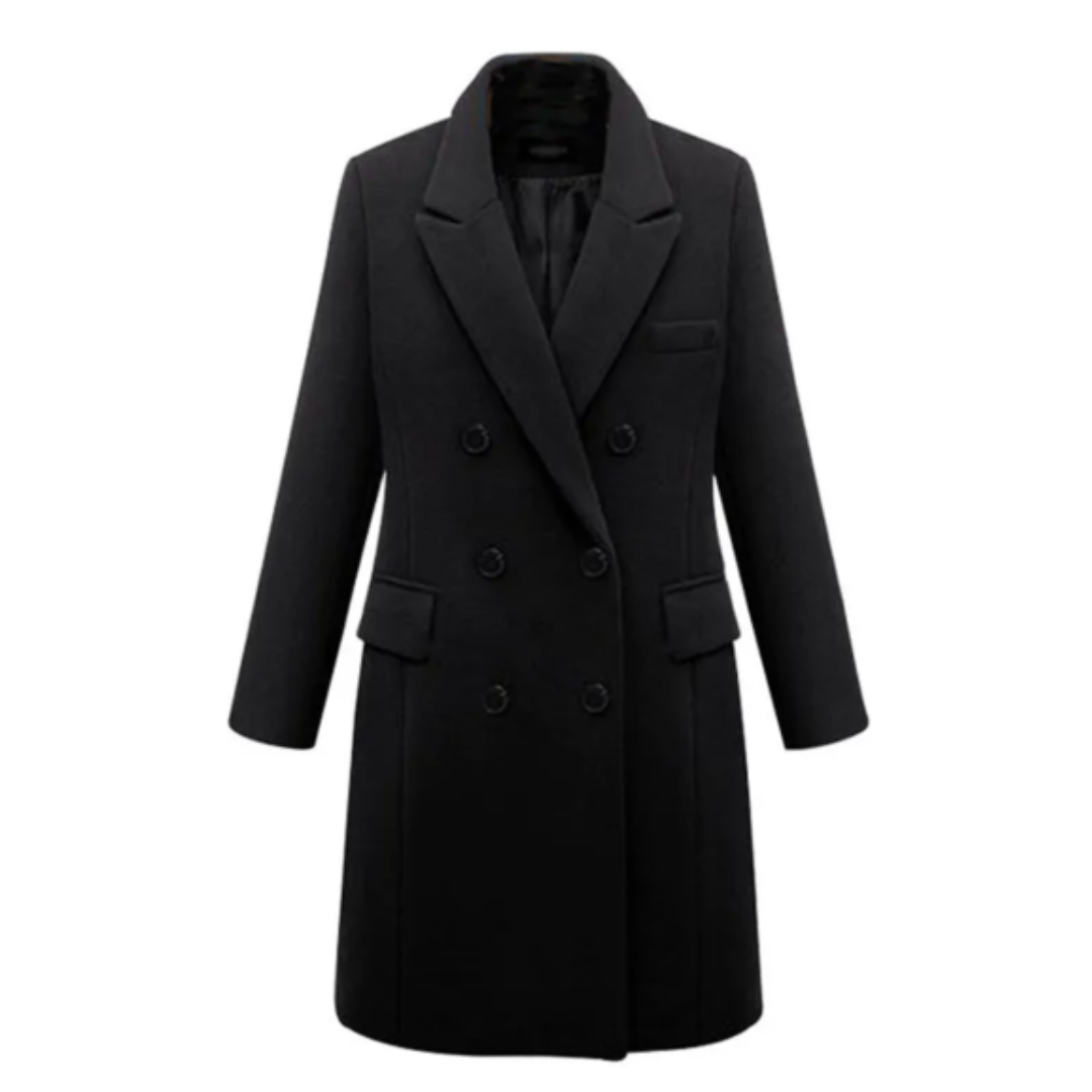"Damernas långa kappa framifrån, elegant och värmande, stilren design för vintermode."